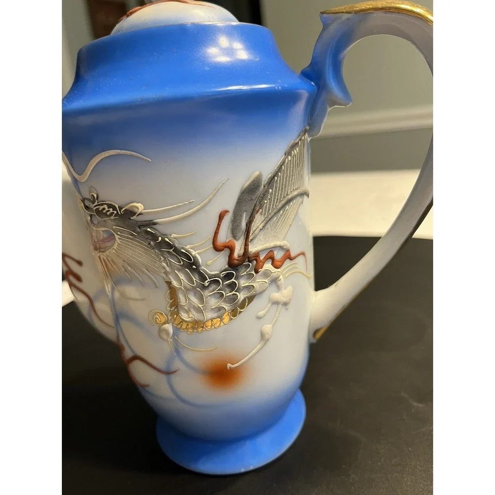 Vintage Dragonware Moriage Blue White Coffee Tea Pot Sugar Creamer Set